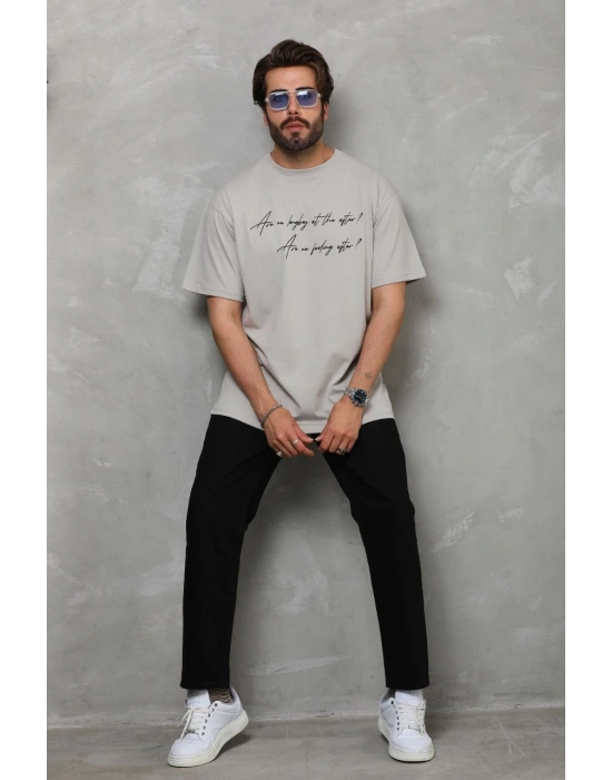 Erkek  Bisiklet Yaka Baskılı Oversize T-Shirt - Gri