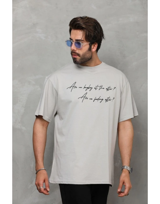 Erkek  Bisiklet Yaka Baskılı Oversize T-Shirt - Gri