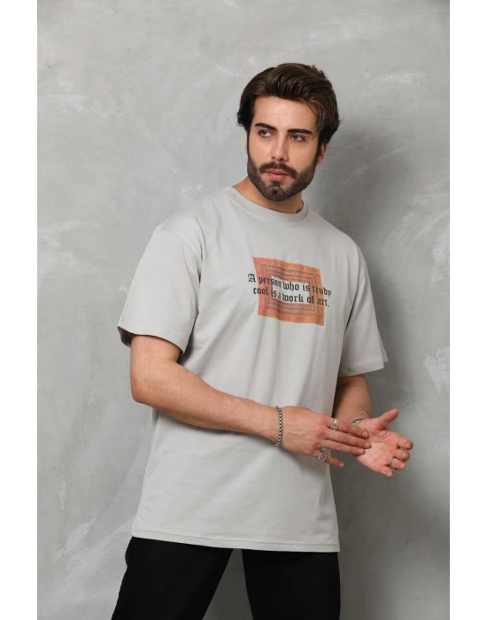 Erkek  Bisiklet Yaka Baskılı Oversize T-Shirt - Gri