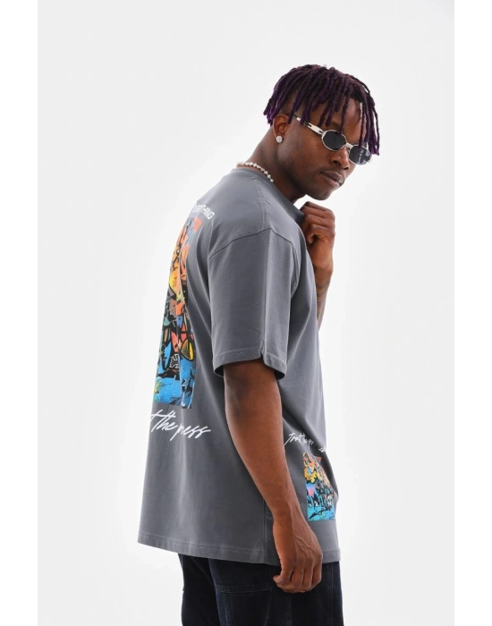 Erkek  Bisiklet Yaka Baskılı Oversize T-Shirt - Gri