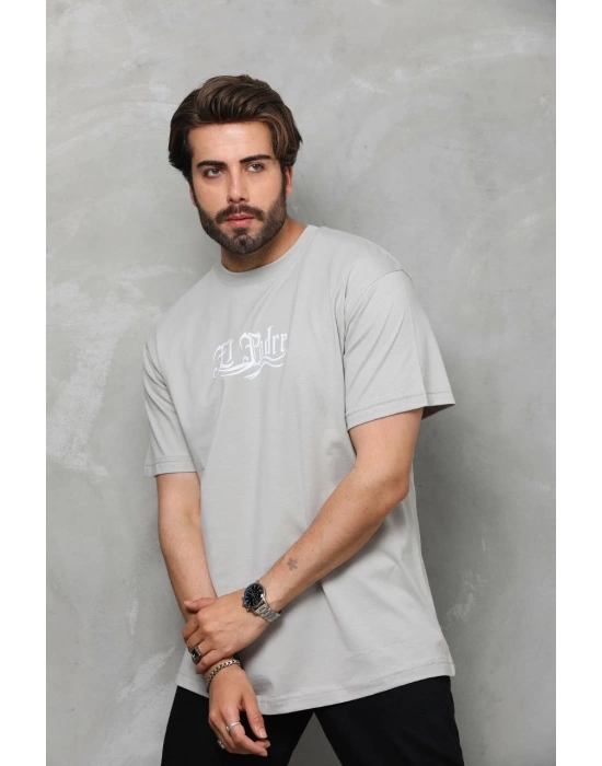 Erkek  Bisiklet Yaka Baskılı Oversize T-Shirt - Gri