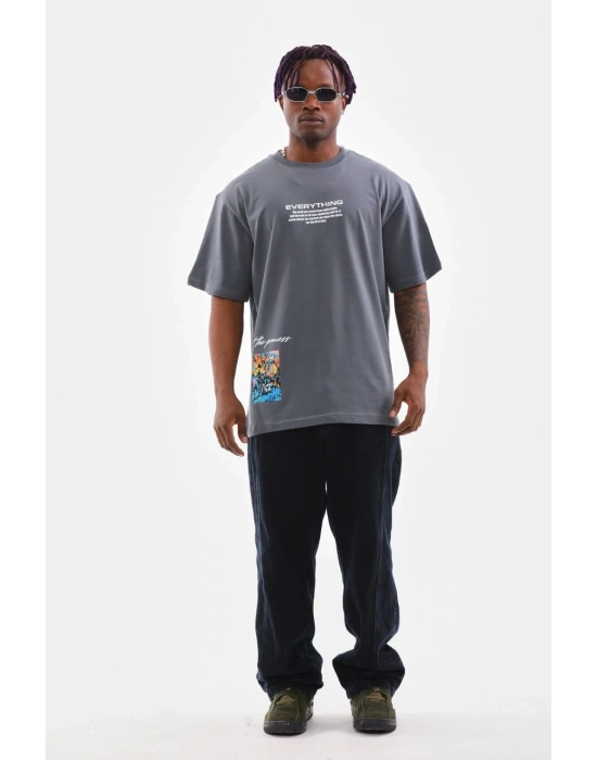 Erkek  Bisiklet Yaka Baskılı Oversize T-Shirt - Gri