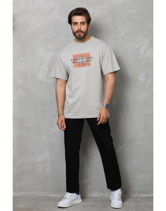 Erkek  Bisiklet Yaka Baskılı Oversize T-Shirt - Gri