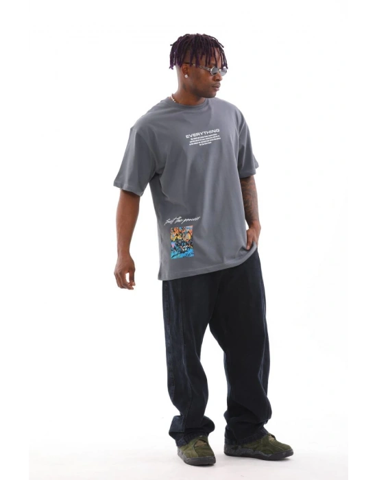 Erkek  Bisiklet Yaka Baskılı Oversize T-Shirt - Gri