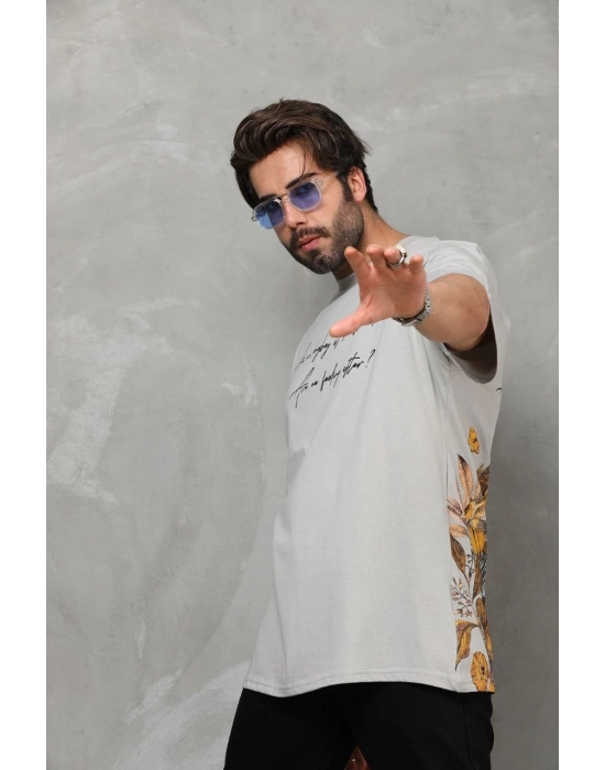 Erkek  Bisiklet Yaka Baskılı Oversize T-Shirt - Gri