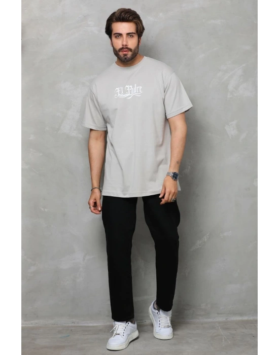 Erkek  Bisiklet Yaka Baskılı Oversize T-Shirt - Gri