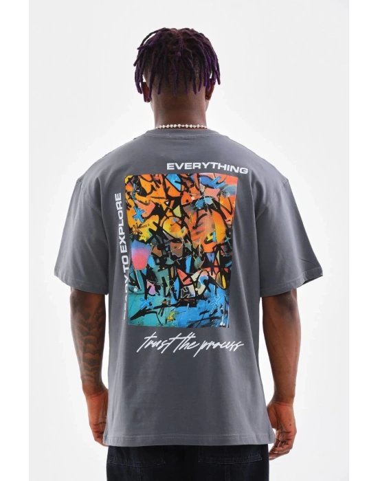 Erkek  Bisiklet Yaka Baskılı Oversize T-Shirt - Gri
