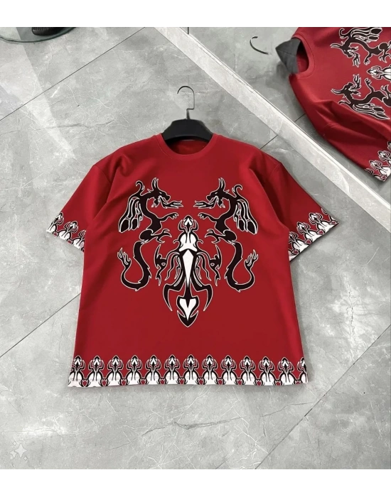 Unisex Bisiklet Yaka Baskılı Oversize T-Shirt - Kırmızı