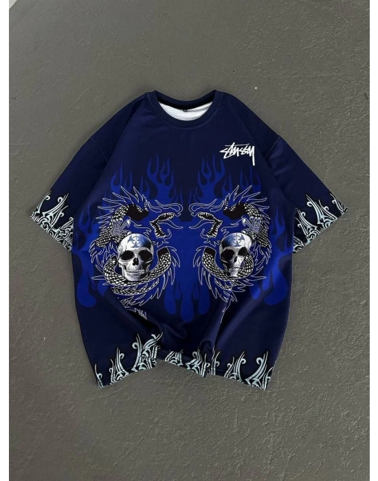 Unisex Bisiklet Yaka Baskılı Oversize T-Shirt - Lacivert