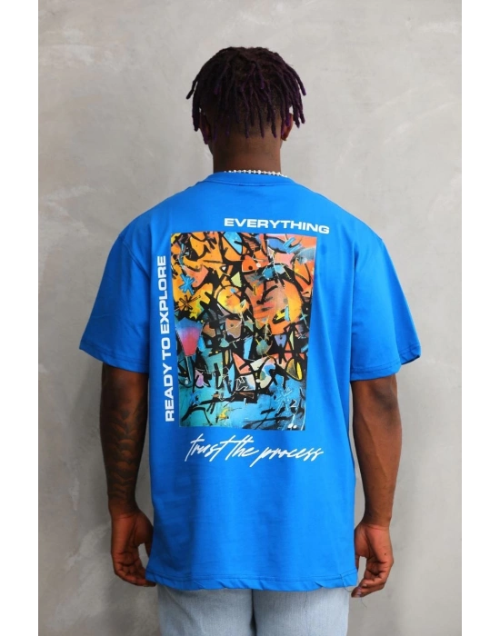 Erkek Bisiklet Yaka Baskılı Oversize T-Shirt - Mavi