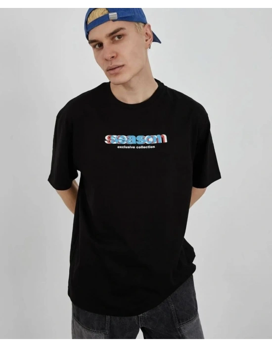 ERKEK Bisiklet Yaka Baskılı Oversize T-Shirt - Siyah