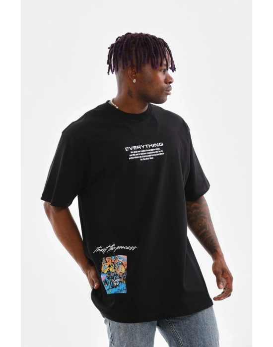 Erkek Bisiklet Yaka Baskılı Oversize T-Shirt - Siyah