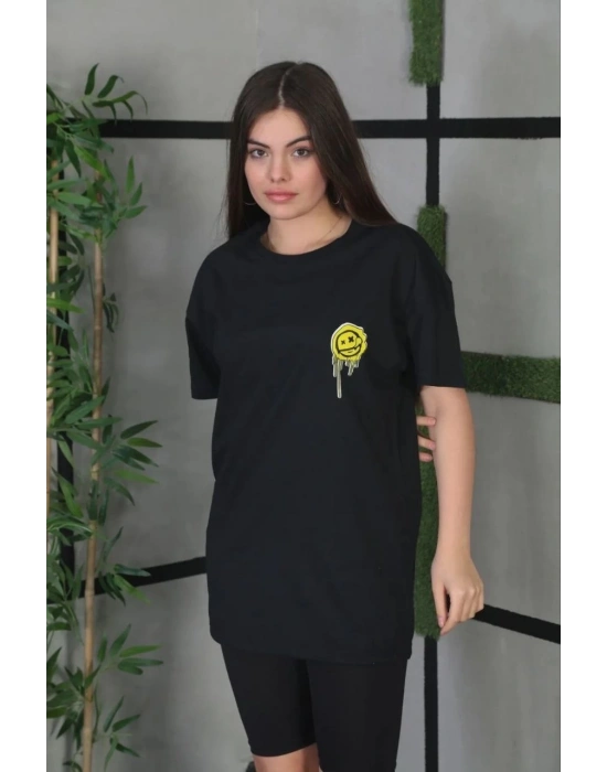 Kadın Bisiklet Yaka Baskılı Oversize T-Shirt - Siyah
