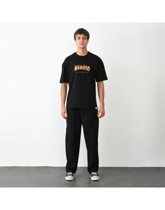 Erkek Bisiklet Yaka Baskılı Oversize T-Shirt - Siyah