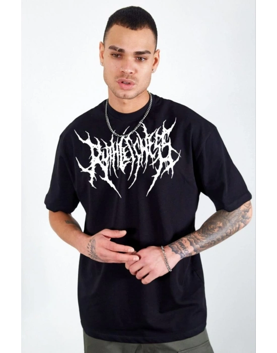 Erkek  Bisiklet Yaka Baskılı Oversize T-Shirt - Siyah