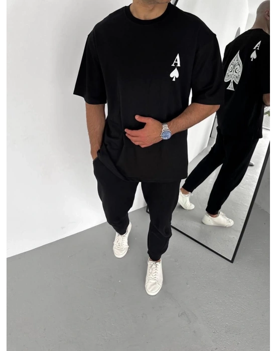 Erkek Bisiklet Yaka Baskılı Oversize T-Shirt - Siyah