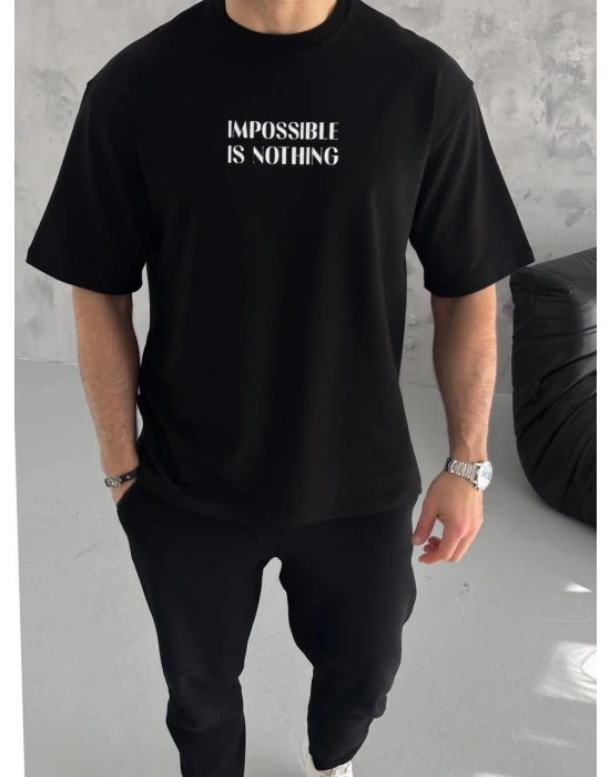 ERKEK Bisiklet Yaka Baskılı Oversize T-Shirt - Siyah