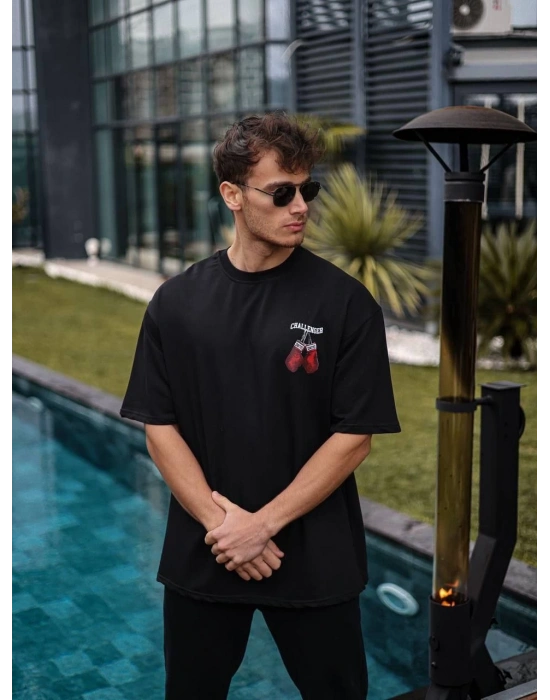 Erkek  Bisiklet Yaka Baskılı Oversize T-Shirt - Siyah