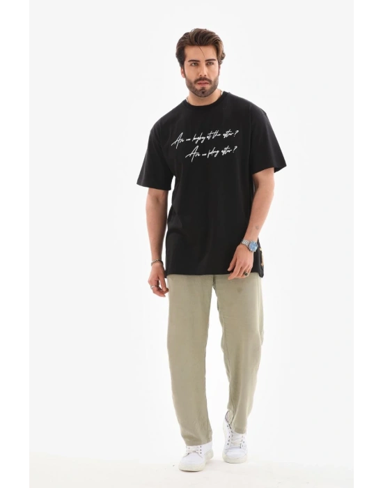 Erkek Bisiklet Yaka Baskılı Oversize T-Shirt - Siyah