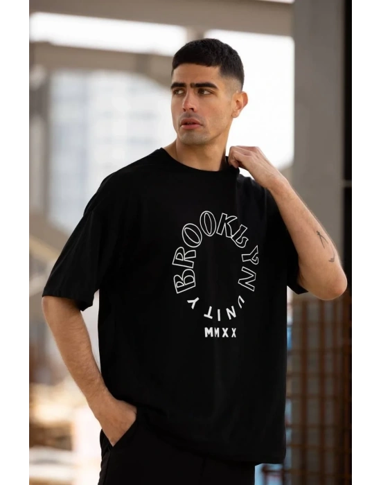 Unisex Bisiklet Yaka Baskılı Oversize T-Shirt - Siyah