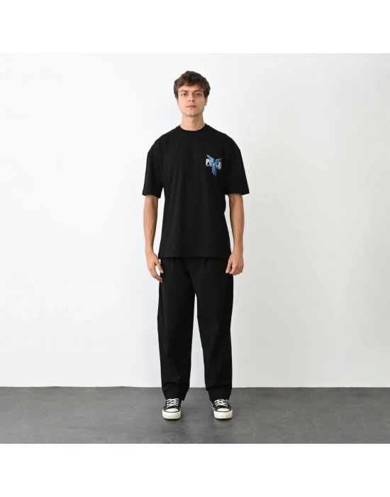 ERKEK Bisiklet Yaka Baskılı Oversize T-Shirt - Siyah