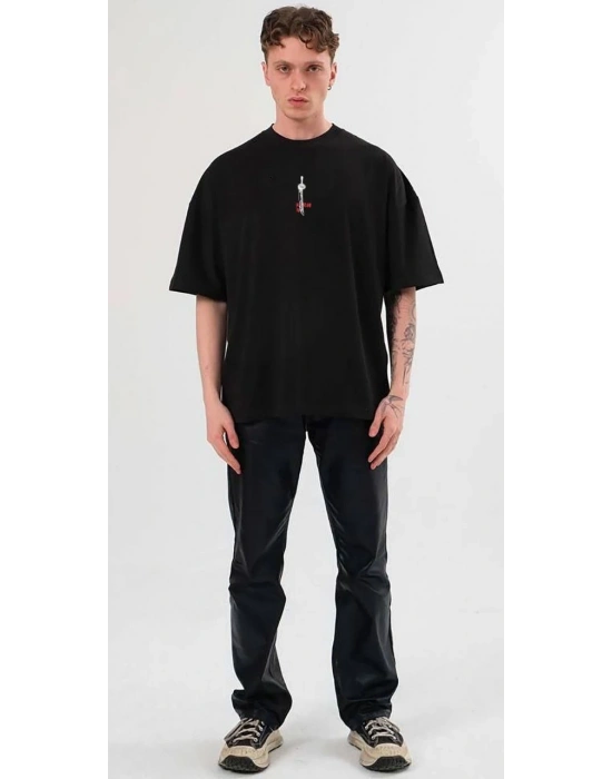 Erkek  Bisiklet Yaka Baskılı Oversize T-Shirt - Siyah