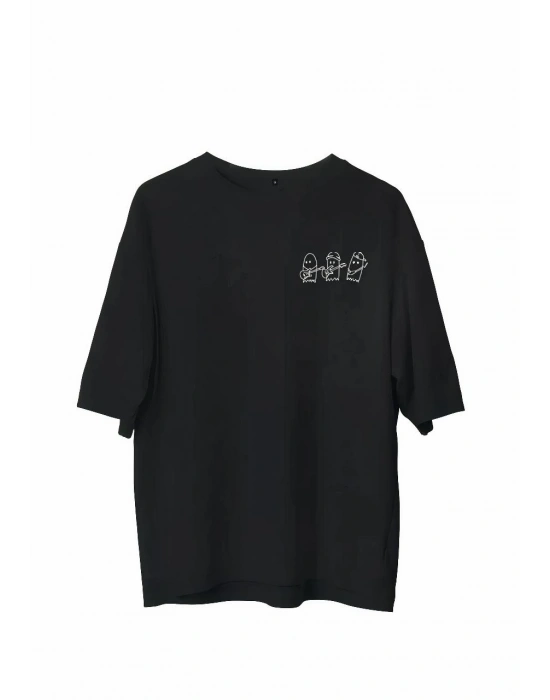 Erkek  Bisiklet Yaka Baskılı Oversize T-Shirt - Siyah