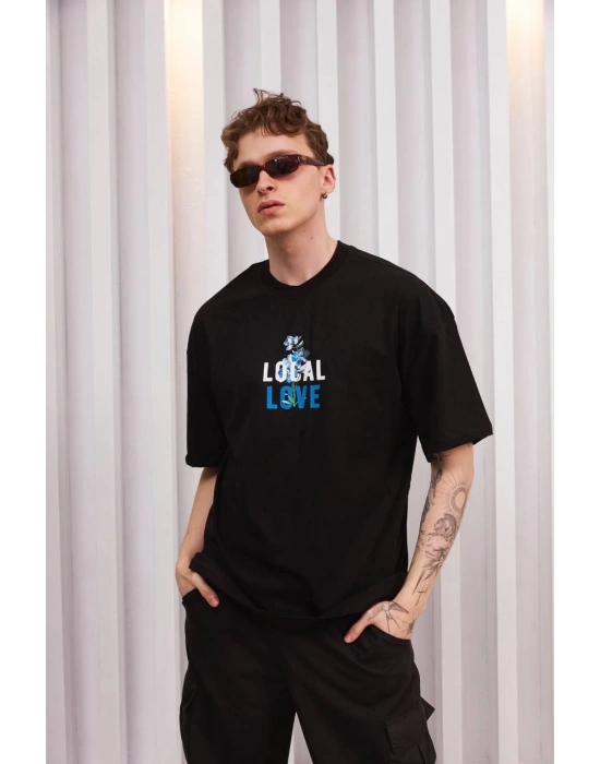 ERKEK Bisiklet Yaka Baskılı Oversize T-Shirt - Siyah