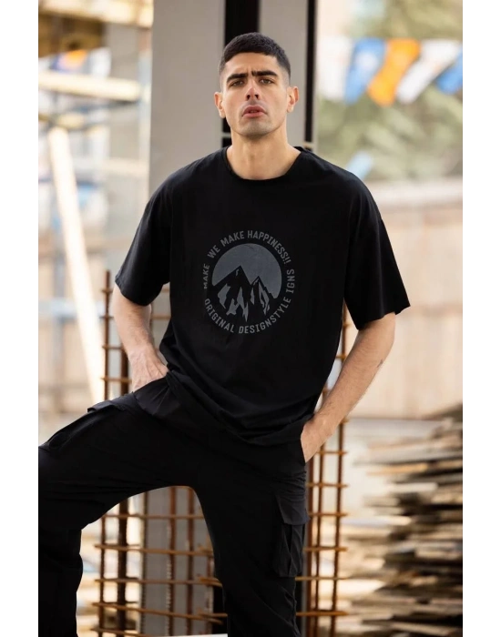 Unisex Bisiklet Yaka Baskılı Oversize T-Shirt - Siyah