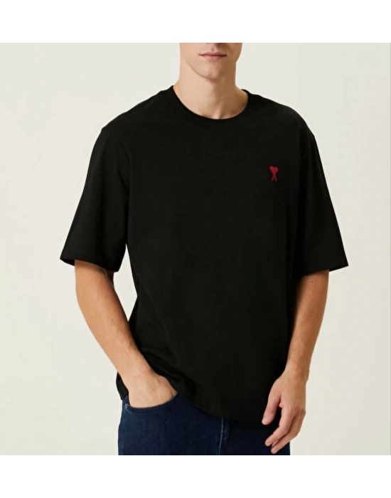 ERKEK Bisiklet Yaka Baskılı Oversize T-Shirt - Siyah