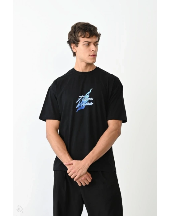 ERKEK Bisiklet Yaka Baskılı Oversize T-Shirt - Siyah