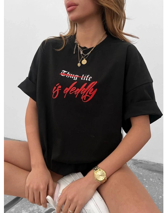 kadın Bisiklet Yaka Baskılı Oversize T-Shirt - Siyah