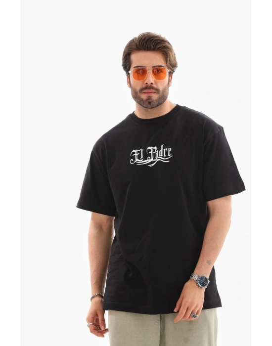 Erkek Bisiklet Yaka Baskılı Oversize T-Shirt - Siyah
