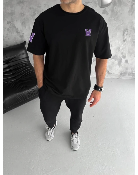 Erkek Bisiklet Yaka Baskılı Oversize T-Shirt - Siyah