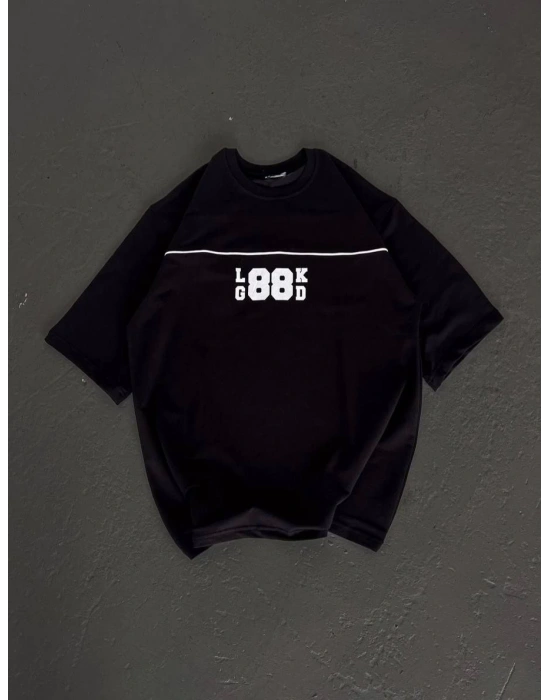 kadın  Bisiklet Yaka Baskılı Oversize T-Shirt - Siyah