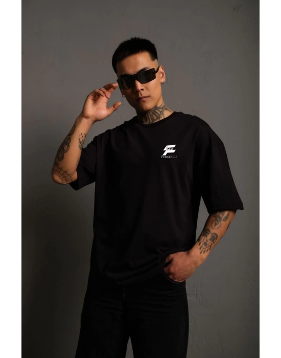 Erkek  Bisiklet Yaka Baskılı Oversize T-Shirt - Siyah