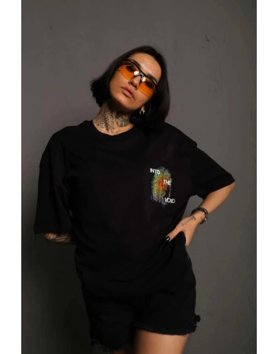 kadın Bisiklet Yaka Baskılı Oversize T-Shirt - Siyah