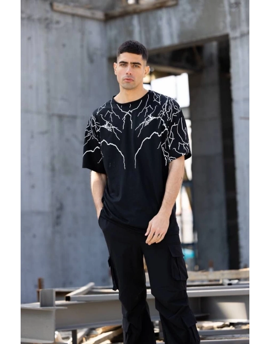 ERKEK Bisiklet Yaka Baskılı Oversize T-Shirt - Siyah