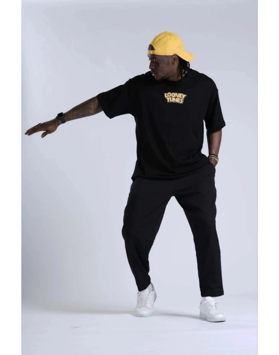 Bisiklet Yaka Baskılı Oversize T-Shirt - Siyah