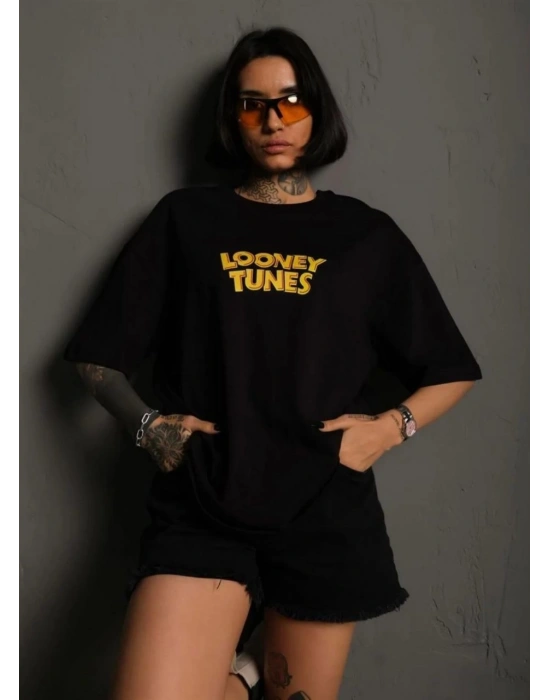 kadın Bisiklet Yaka Baskılı Oversize T-Shirt - Siyah