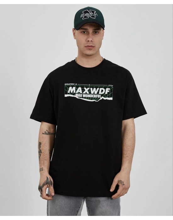 ERKEK Bisiklet Yaka Baskılı Oversize T-Shirt - Siyah