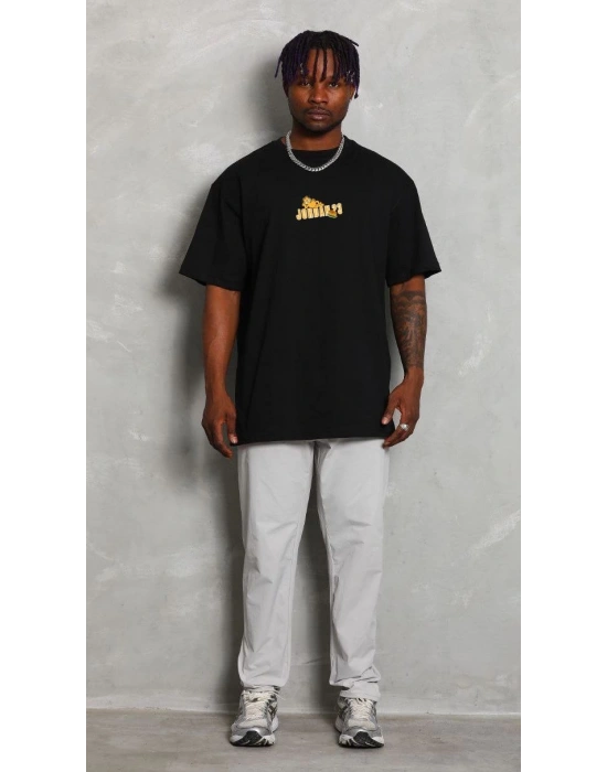 ERKEK Bisiklet Yaka Baskılı Oversize T-Shirt - Siyah