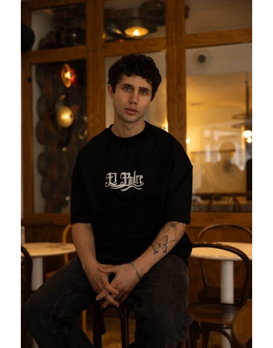 Erkek Bisiklet Yaka Baskılı Oversize T-Shirt - Siyah