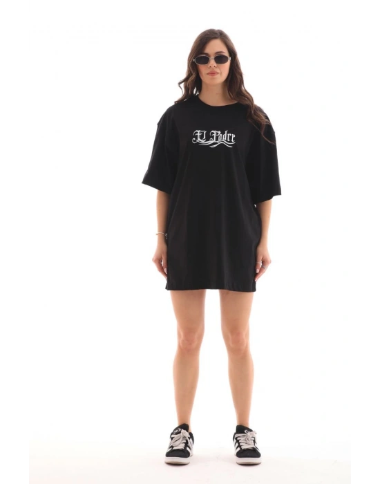 kadın Bisiklet Yaka Baskılı Oversize T-Shirt - Siyah
