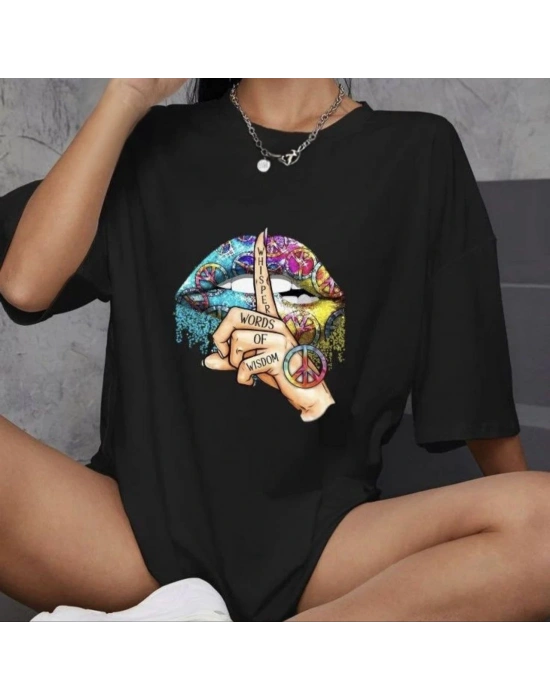 kadın  Bisiklet Yaka Baskılı Oversize T-Shirt - Siyah