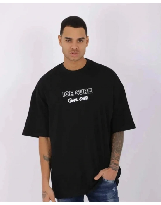 ERKEK Bisiklet Yaka Baskılı Oversize T-Shirt - Siyah