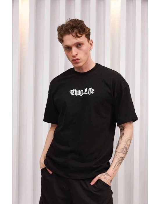 Erkek Bisiklet Yaka Baskılı Oversize T-Shirt - Siyah