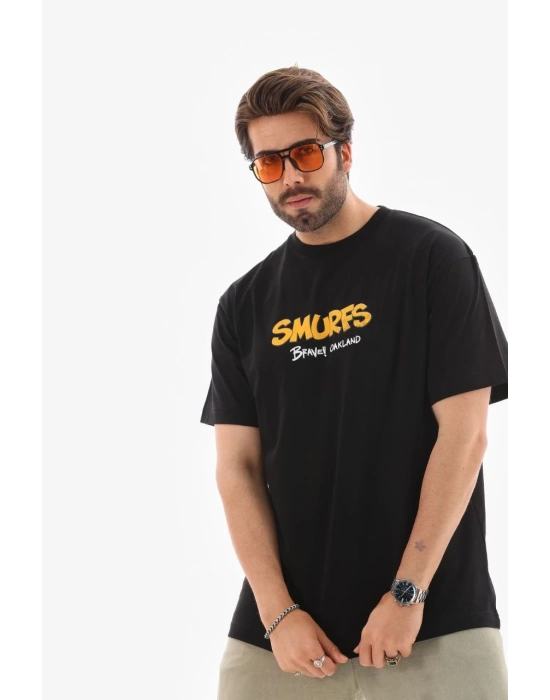 Erkek  Bisiklet Yaka Baskılı Oversize T-Shirt - Siyah