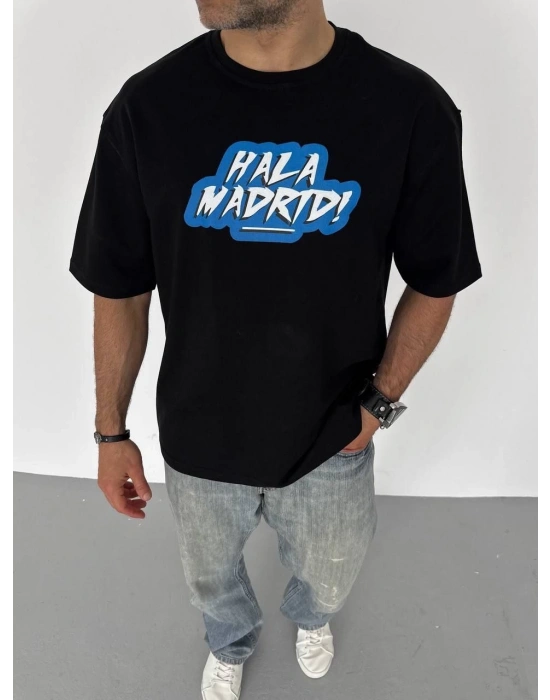 ERKEK Bisiklet Yaka Baskılı Oversize T-Shirt - Siyah