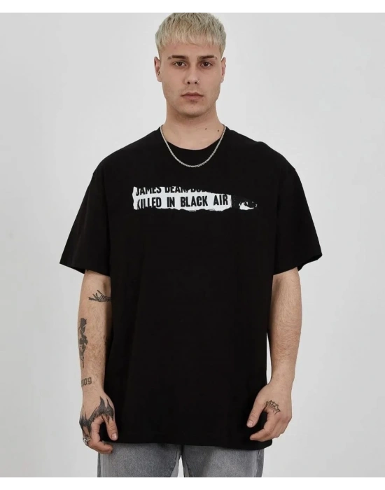 ERKEK Bisiklet Yaka Baskılı Oversize T-Shirt - Siyah